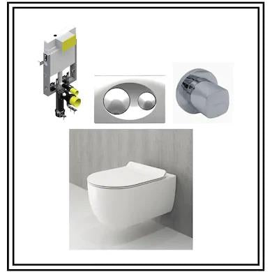 WC suspendu Rimex blanc brillant V-Tondo + abattant à fermeture lente + réservoir dissimulé + bouton chromé + robinet d'arrêt